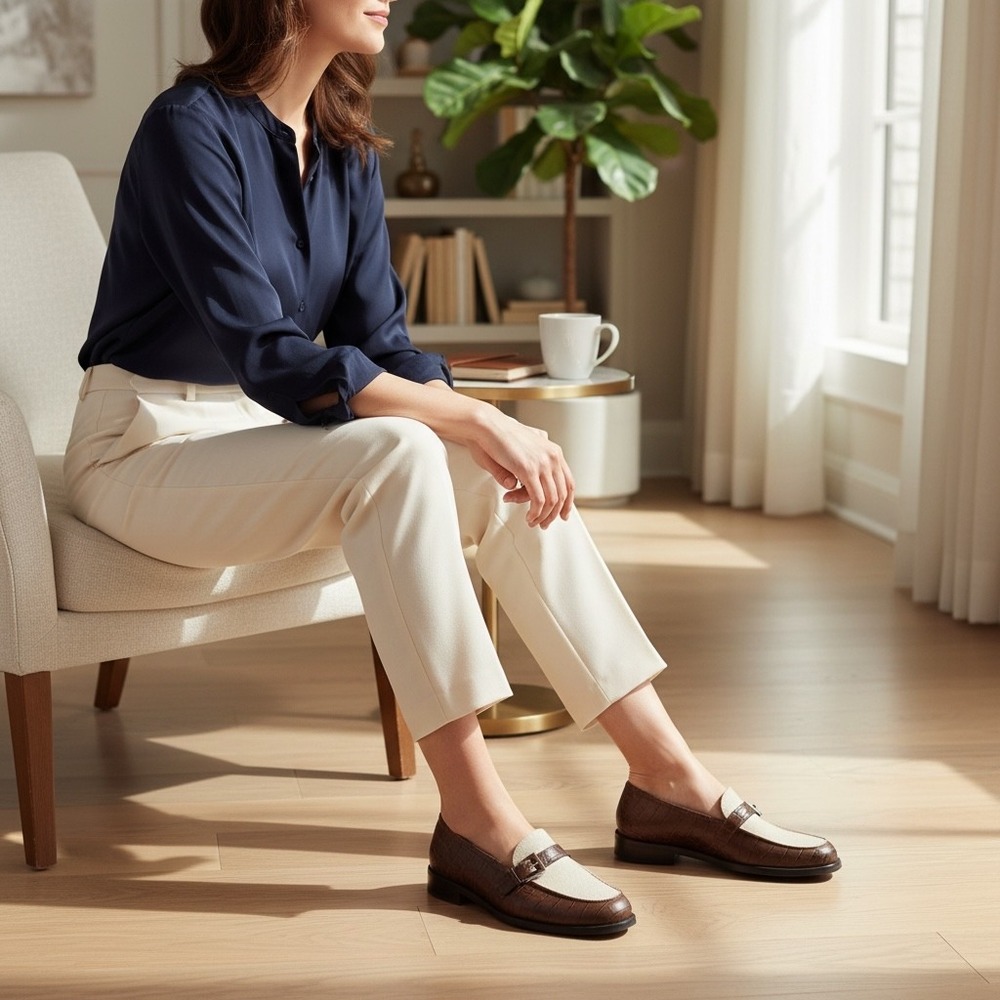 Etienne Aigner Carver Brown Croc Embossed Leather Fabric Buckle Loafers 9.5M